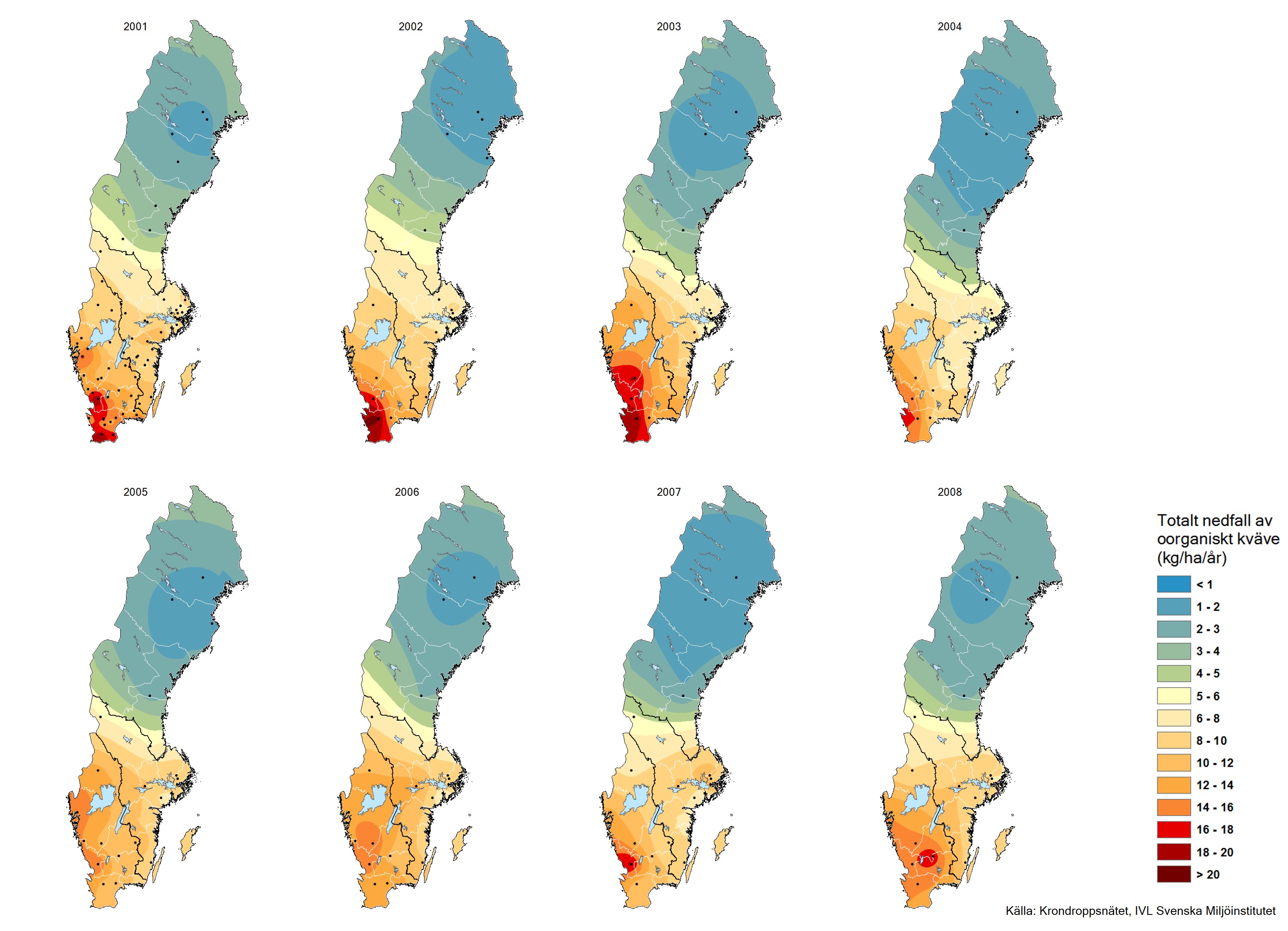 Totalt nedfall av oorganiskt kväve till barrskog 2001-2008
